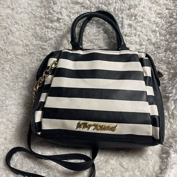 Betsey Johnson  Synthetic Black and White Striped Bow & studs accents satchel - Picture 6 of 13